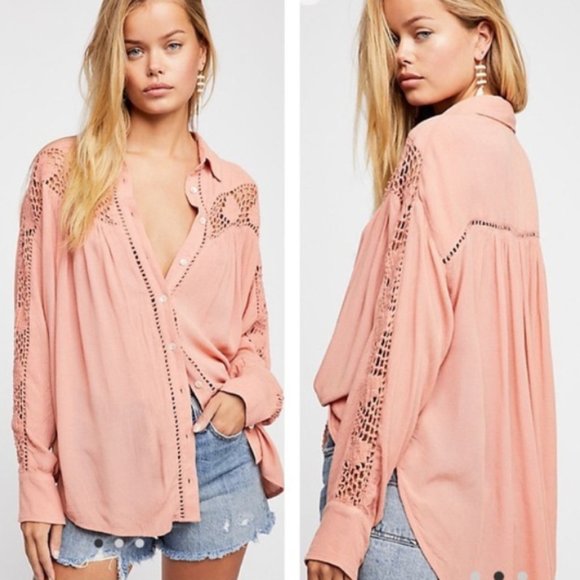 Free People Tops - Free People "Katie Bird" Peach Pink Crochet Trim Button-Down Top